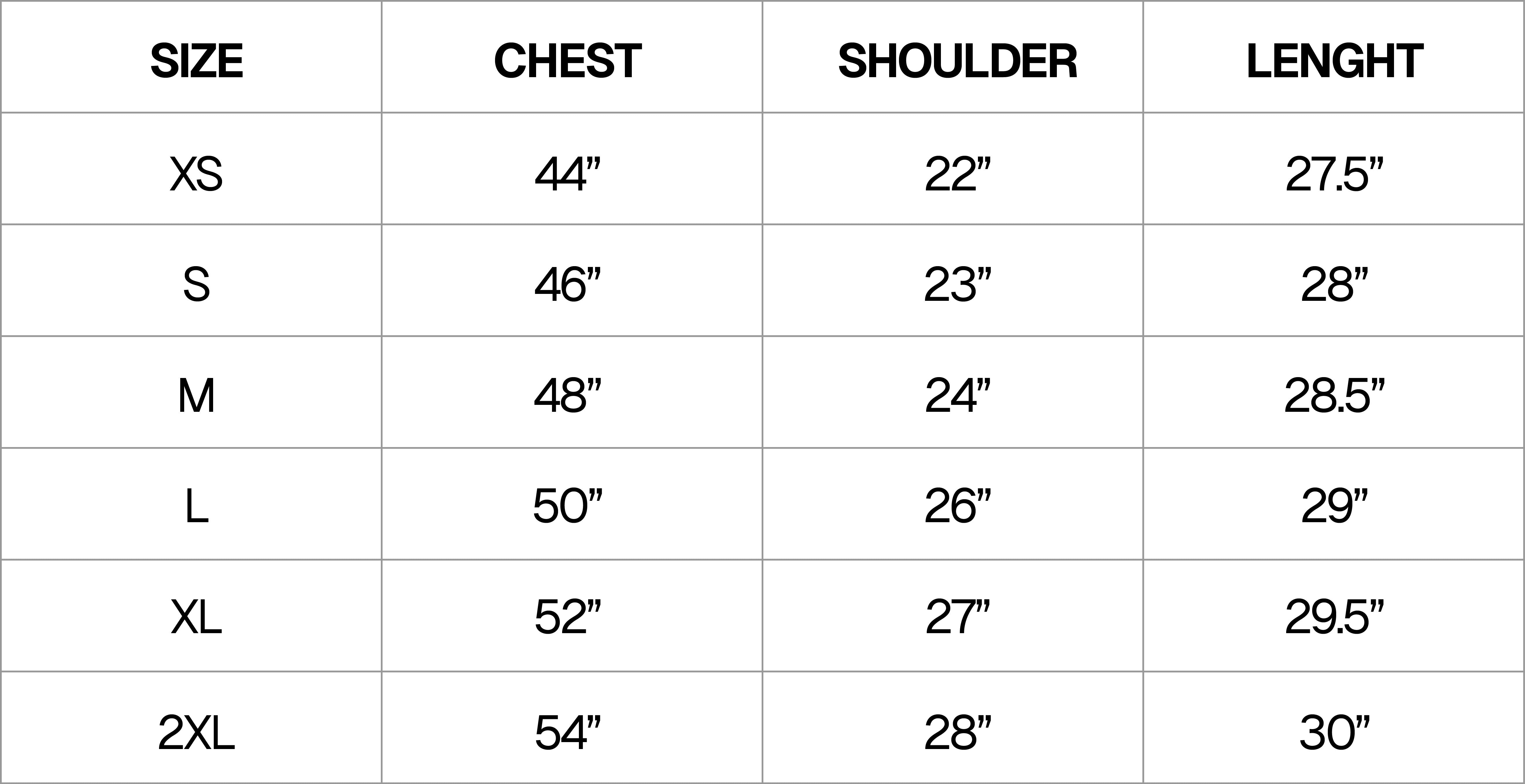Navy Heaven T-Shirt Size Chart
