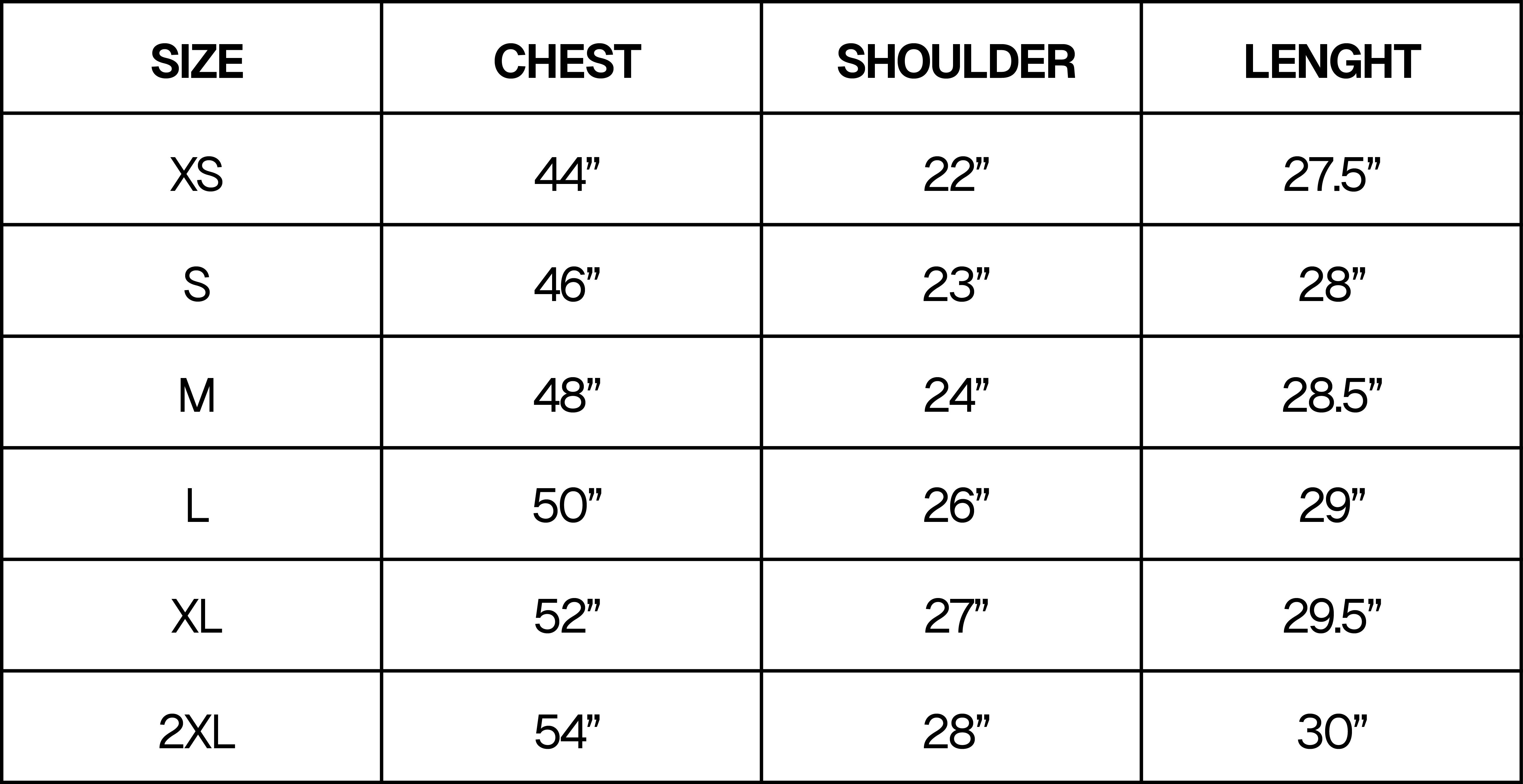 Black Weirdo T-Shirt Size Chart